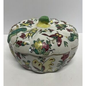 Vintage Chinese Jingdezhen Porcelain Pumpkin Covered Bowl 8" Butterfly Floral